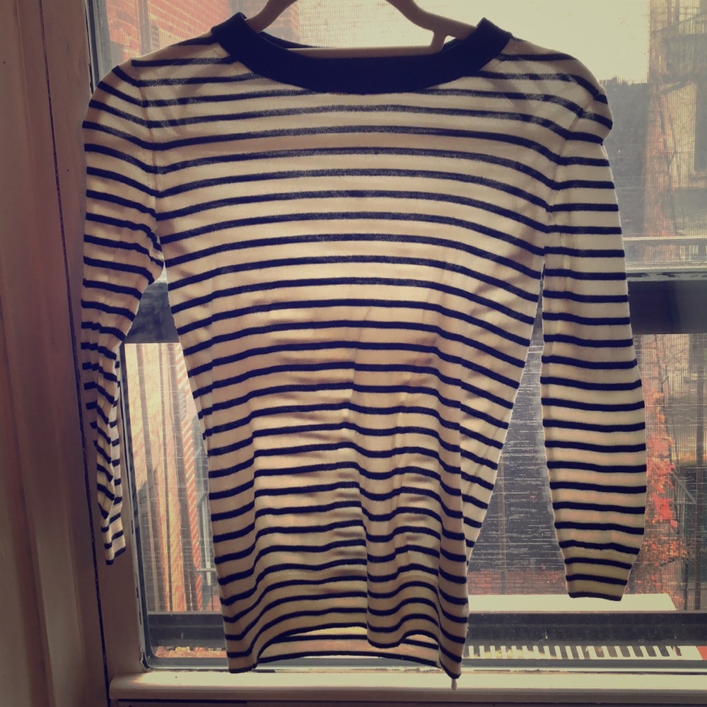 100% merino wool, white sweater with navy stripes